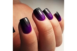 OCOUYVD Purple Press on Nails Short Square French Fake Nail Glossy False Nails with Gradient Designs Glossy Purple Black Acrylic Nails Full Cover Stick on Nails for Women and Girls 24 Pcs…
