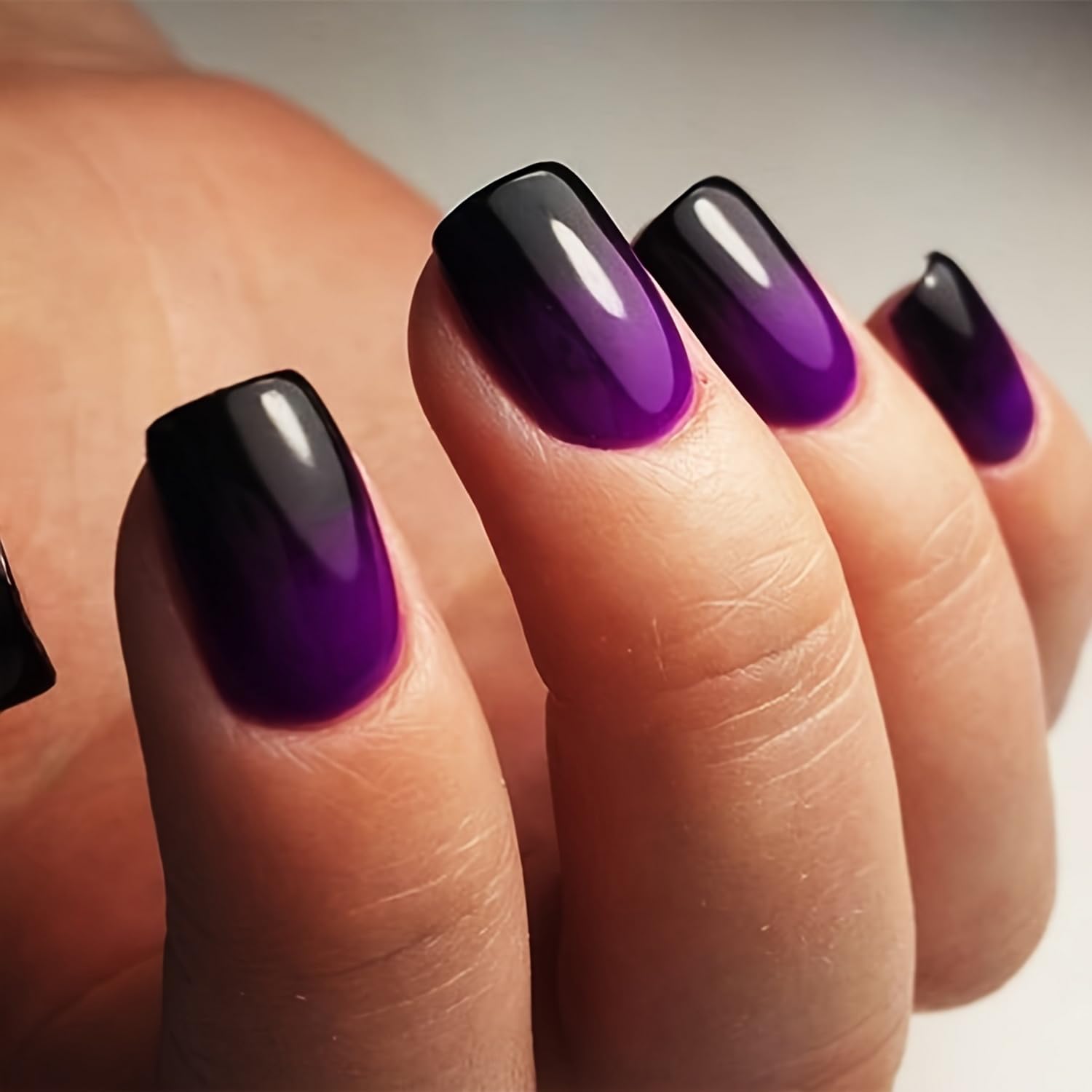 Purple Press on Nails Short Square French Fake Nail Glossy False Nails with Gradient Designs Glossy Purple Black Acrylic Nails Full Cover Stick on Nails for Women and Girls 24 Pcs…