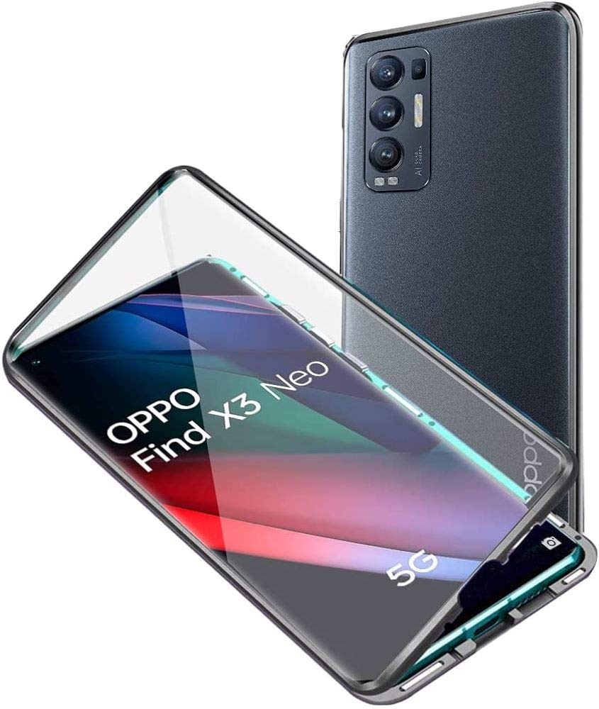 SIMao Case for OPPO Find X3 Neo Cover Magnetic Adsorption Metal Frame Front and Back Tempered Glass Transparent Flip Cover Ultra Thin Full Body Screen 360 Degrees Coverage Protective Case,Black