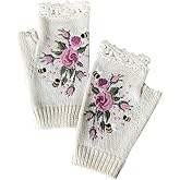 Opexicos Handmade Embroidery Gloves - Women's Knit Fingerless Adult Gloves (2 Pairs, White)