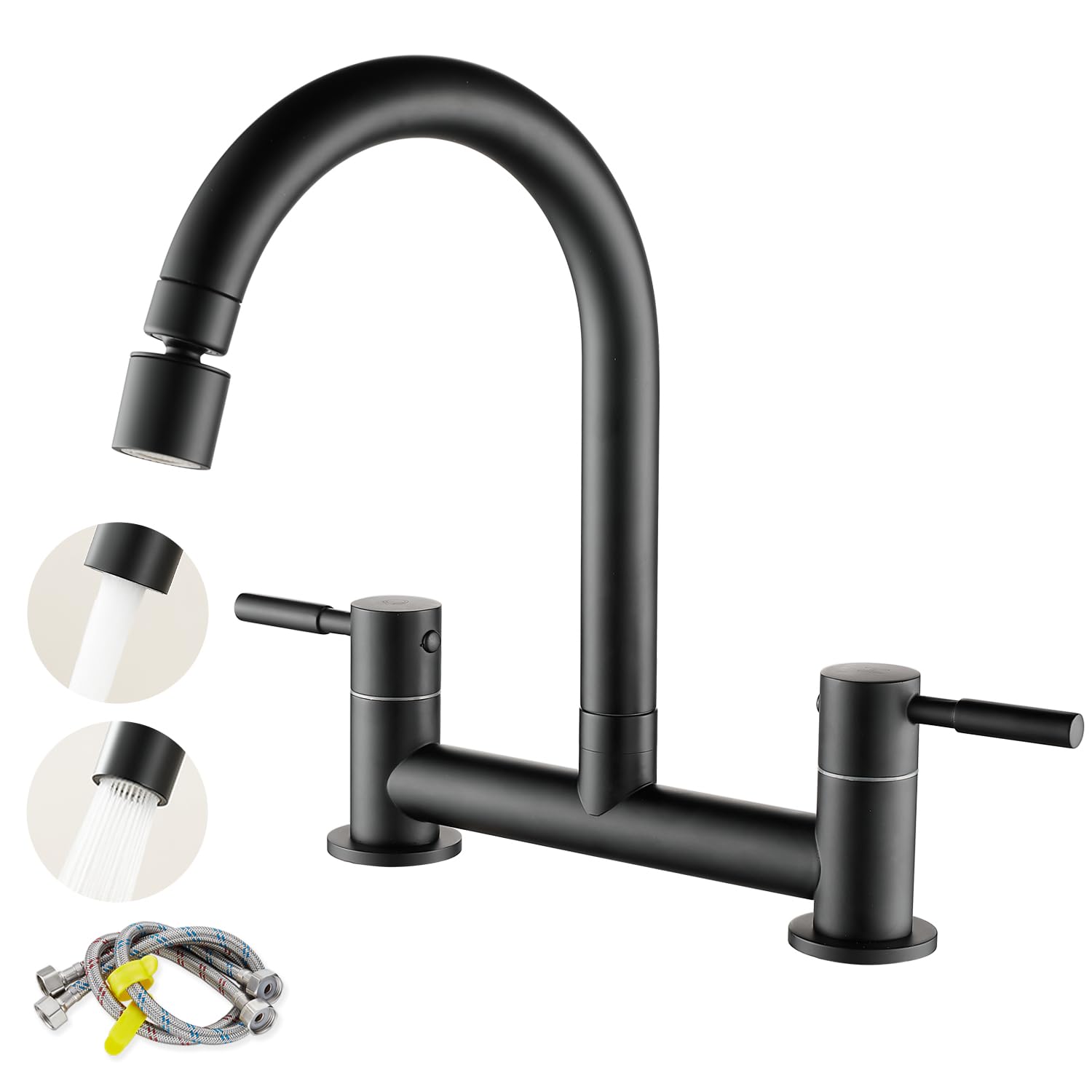 Ankoory Bridge Kitchen Sink Mixer Tap, Kitchen Bridge Tap, 2 Hole Tap Deck Mounted (180mm Centres), Dual Lever Kitchen Faucet with 2 Function Aerator, 1/4 Turn, 360° Swivel Spout, Brass, Matte Black
