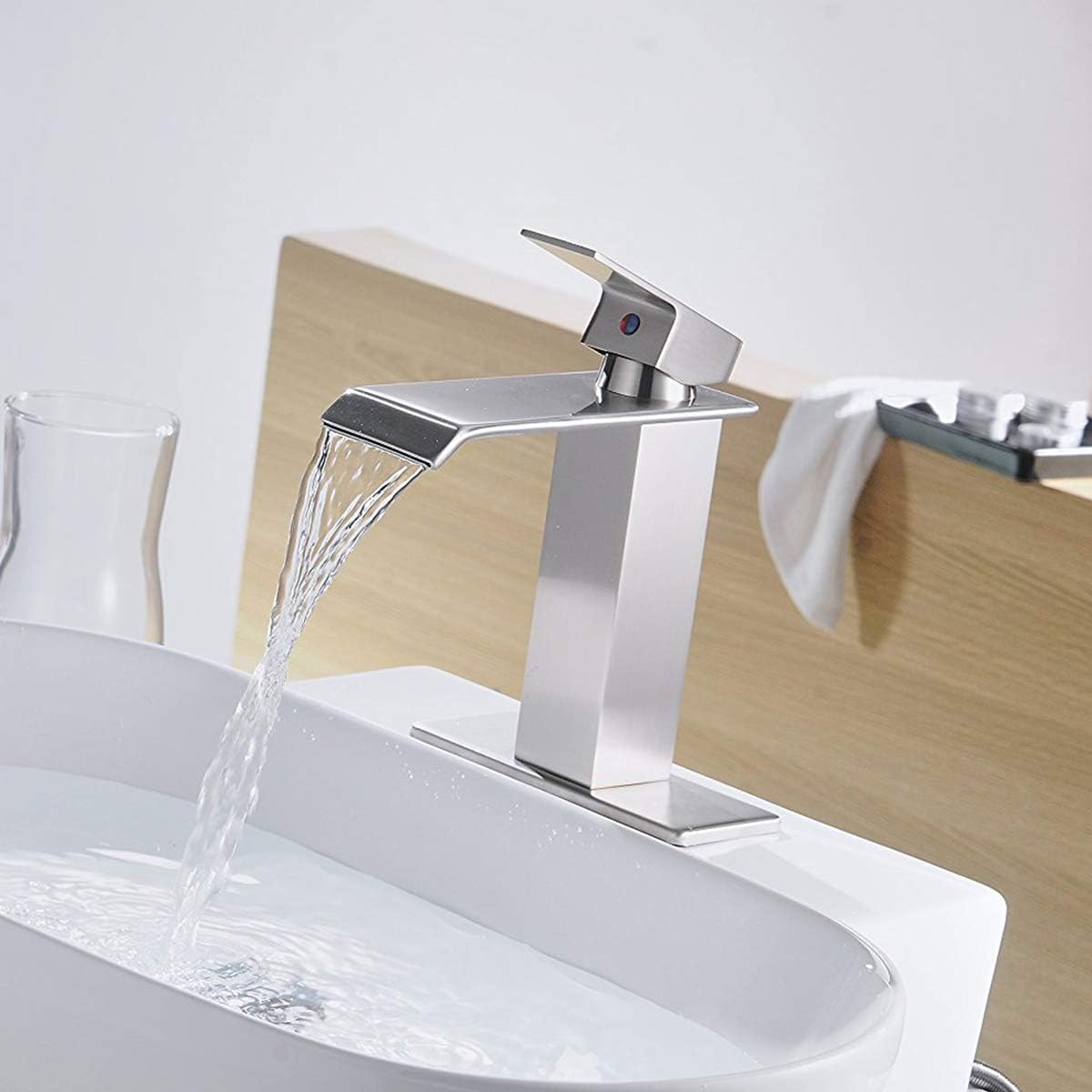 Greenspring Waterfall Commercial Spout Brushed Nickel Single Handle One Hole Bathroom Sink Faucet Deck Mount Lavatory - - 