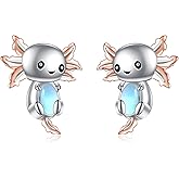 Axolotl/Cat/Owl/Elephant/Fox/Cow/Monkey/Frog Earrings for Women Sterling Silver Moonstone Cat's Eye Stone Aquamarine Turquoise Pearls Stud Earrings Jewelry Gifts for Women