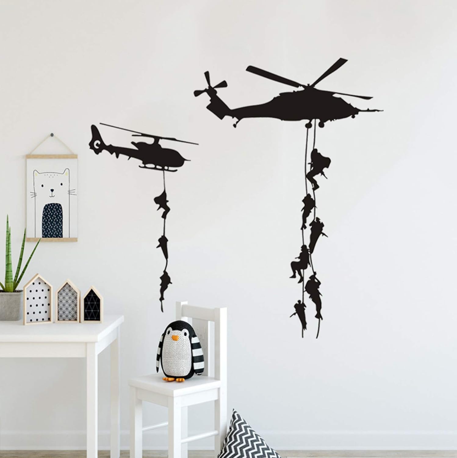 Helicopter Army Soldier Wall Decals for Boys Bedrooom, Military Silhouette Wall Stickers Soldiers Landing from Helicopter Wall Decor Posters for Kids Room Game Room