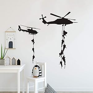 Helicopter Army Soldier Wall Decals for Boys Bedrooom, Military Silhouette Wall Stickers Soldiers Landing from Helicopter Wall Decor Posters for Kids Room Game Room