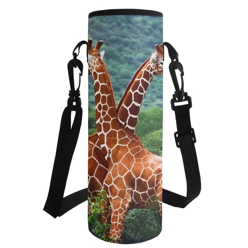 HUGS IDEA Water Bottle Sling Case Bag with Adjustable Shoulder Strap, Giraffe Print Neoprene Bottle Sleeve Cover