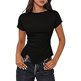 MEROKEETY Women's Summer Asymmetrical Tops 2026 Short Sleeve Boat Neck Ruched Slim Going Out T-Shirts Trendy Y2K Clothes