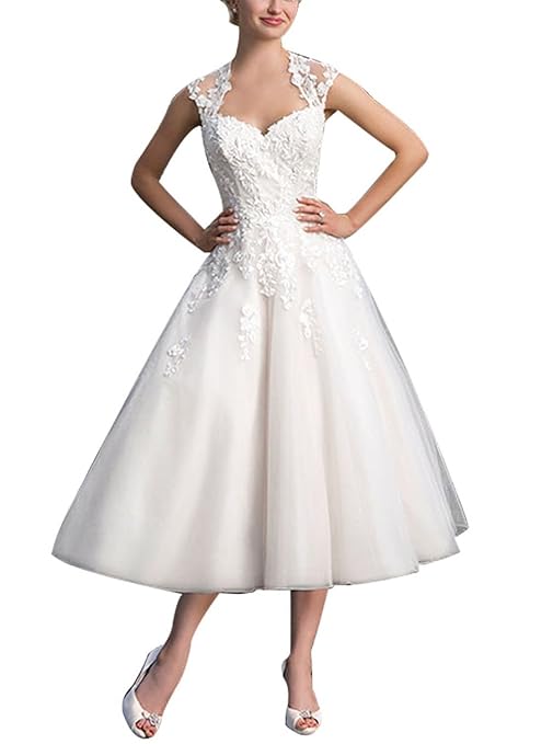 Brautkleid Damen Hochzeitskleider Tüll Spitze A Linie Wadenlang V-Ausschnitt mit Applikation