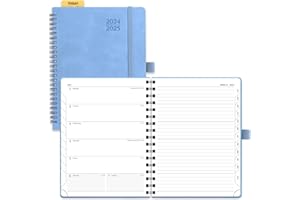 POPRUN Planner 2024-2025 Weekly Notebook 8.5''x 6.5'', Academic Calendar (JUL.24 - JUN.25) Appointment Book with Monthly Tabs, Spiral Soft Cover, Inner Pocket, 100 GSM - Cerulean Blue