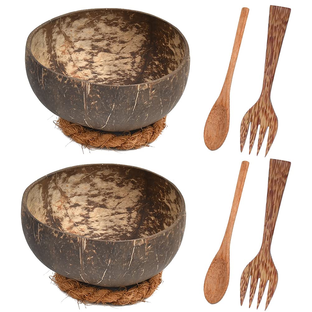 Pack of 2 Coconut Bowls 100% Natural, Eco Friendly & Sustainable |Set of 2 Bowls & 2 Spoons Lightweight, Durable & Easy Clean Bowls and Coconut Spoons - Handmade - Natural