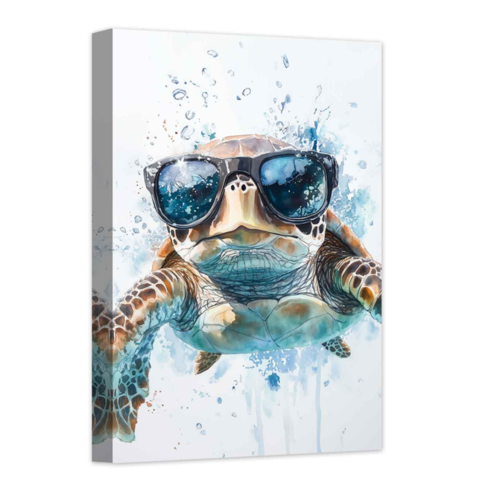 Photo 1 of CHAOSETKEN Sea Turtle Pictures Wall Art Bathroom Decor Funny Turtle with Glasses Canvas Prints Ocean Animal Paintings for Kid Room Framed (White,18L x 12W)