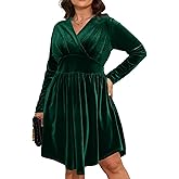 D.Q.RZhong Women’s Plus Size V Neck Velvet Dress Long Sleeve Wrap Empire Waist Midi Dress for Wedding Guest