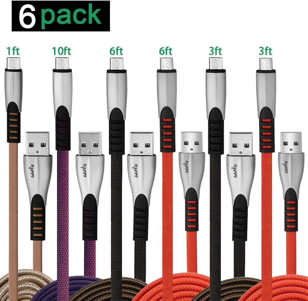 Micro USB Cable,Long Advanced Nylon Braided Micro USB Kindle Fire PS4 Controller Bulk Android Charging Charger Cable Power Cord (1/3/3/6/6/10FT) 6 Pack for Samsung J7 S7 Xbox Nexus Tablet, Bbfly