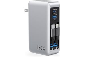 FOCHEW 120W USB C Charger Block with 2 Built-in Retractable Cables,4-in-1 GaN IV Foldable Plug Wall Charger Fast Charging Station,PD 65W Laptop Adapter for MacBook/iPad,iPhone 17/16/15/14,Galaxy,Android etc