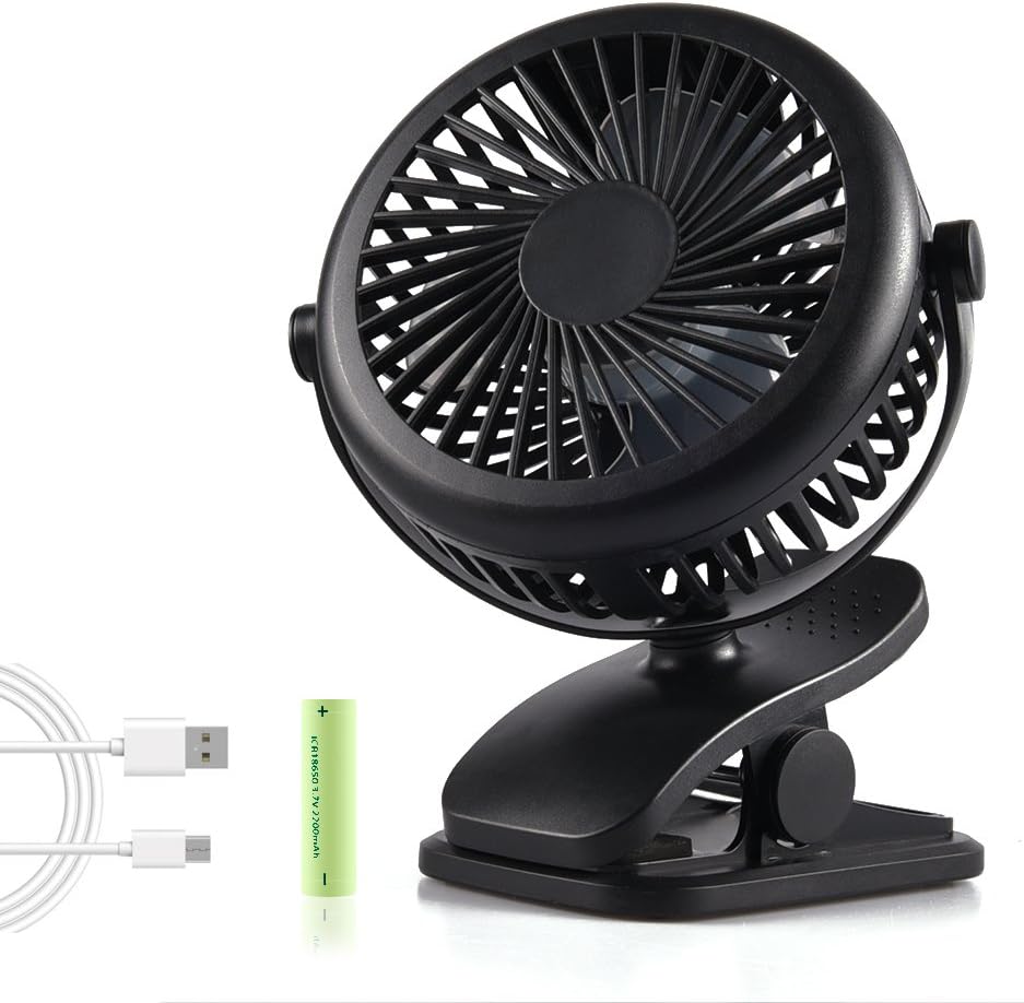 USB fan Desktop Clip Fan Silent Mini Small Fan with Rechargeable Batteries 3 Speed and 360 Adjustable Portable Cooling Fan for Home Office Stroller (Black)