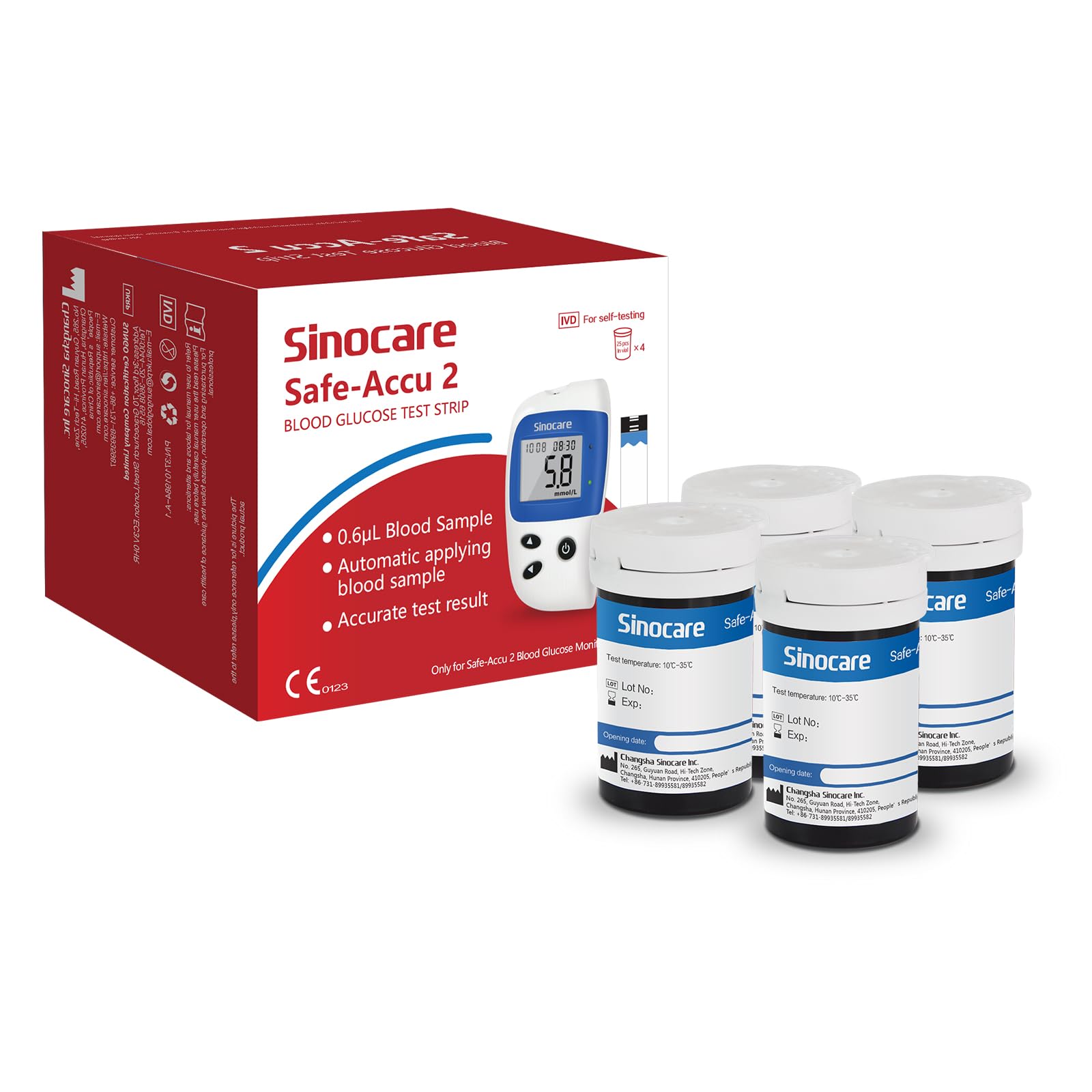 Sinocare Safe-Accu2 Blood Sugar Test Strips ×100, No Lancing Devices, Only Applicable to Safe-Accu2 Blood Sugar Monitor, No Code