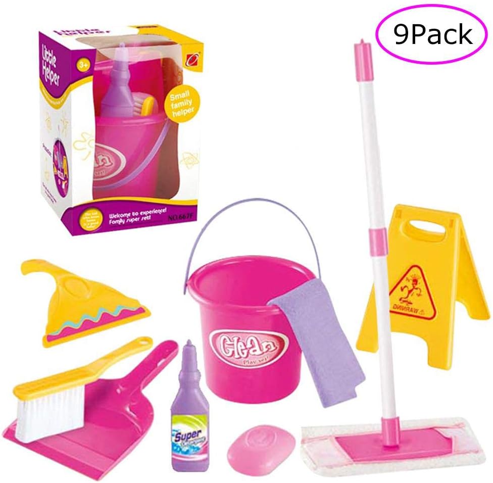 AOLVO Pretend Housekeeping Childrens Broom Set- 9PCS, Lets Play House Kid Cleaning Set with Dust Sweep, Mop, Water Bucket & Mini Dustpan, Great Fun Cleaning Supplies Pretend Playset for Toddler