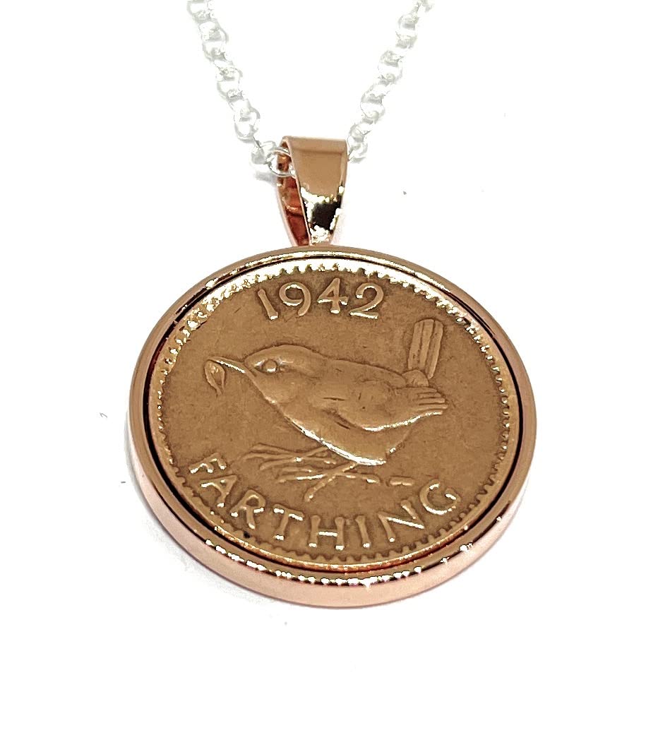 OCC Old Coin Cufflinks Solid Pendant 1942 Farthing 84th Birthday plus a Sterling Silver 18in Chain Rose Gold Plated Mount