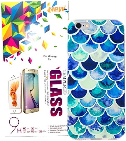 IPhone 7 Plus Case w/ Tempered Glass Screen Protector, YogaCase InTrends Cover (Blue Scales)
