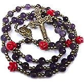 Our Lady of Lourdes Purple Amethyst Stone and Red Rose Rosary Beads Catholic for Women - Catholic Gifts - Rosary Necklace for Women