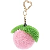 surell Real Mink Fur Peach Fruit Keychain - Luxury Bag Charm - Adorable Gold Heart Ring - Kawaii Pink Fluffy Fur Ball - Fashion Gift