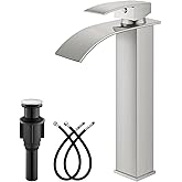 gotonovo Waterfall Tall Bathroom Faucet Single Handle Bathroom Faucets for Sink 1 Hole Stainless Steel Vessel Sink Faucet Modern Mixer Tap Wash Basin Faucet with Pop Up Drain, Brushed Nickel