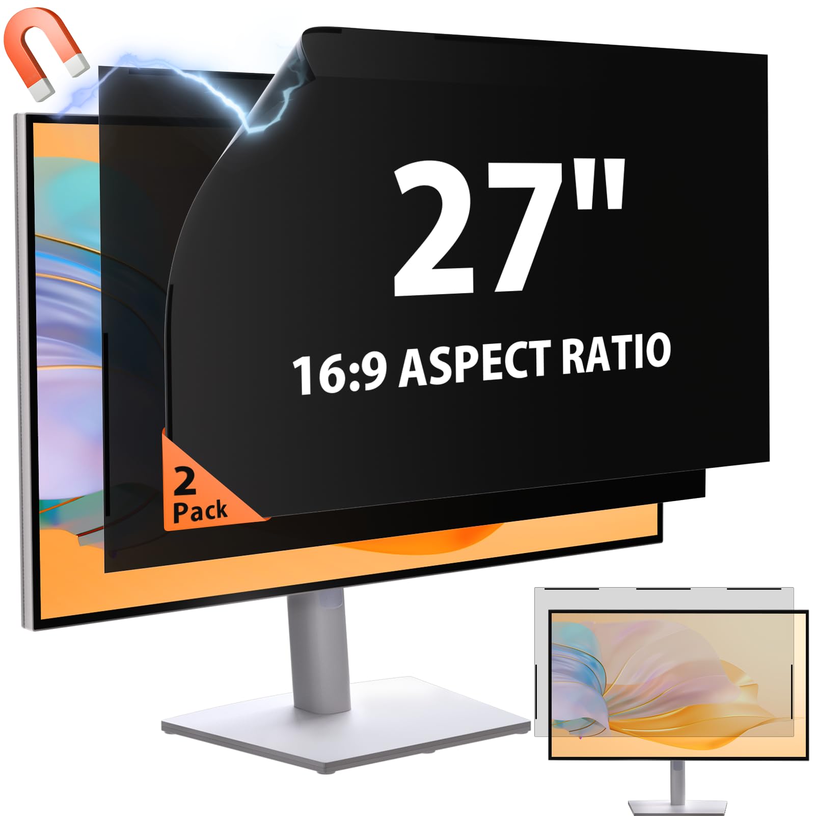 Photo 1 of [2 Pack] 27 Inch 16:9 Magnetic Privacy Screen for Monitor Anti-Glare, Blue Light Filter, Anti-Spy Reusable Removable Privacy Filter for 16:9 Widescreen Desktop Display