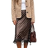 Women Satin Lace Trim Long Skirts Elastic Waist Asymmetric Hem Midi Skirts Lace Half Slip Maxi Skirts Streetwear