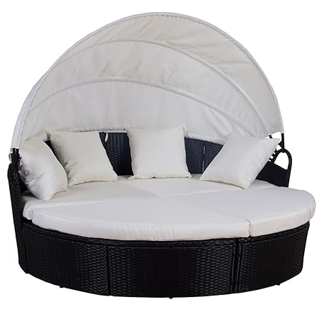 SVITA Eivissa Poly Rattan Sonneninsel Ø 180 cm Garten-Insel Liege Sonnenliege Gartenliege Gartenset Segel Dach Sonnenschutz (