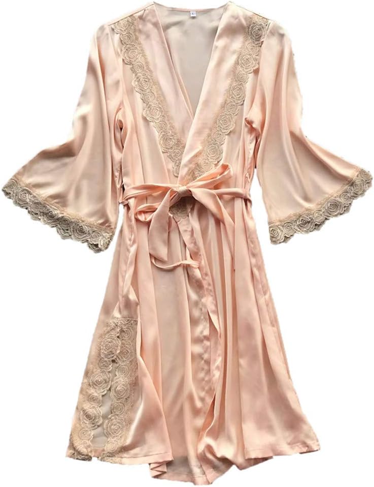 QIGUANDZ Women's Pure Color Satin Short Kimono Robes with Lace Trim Bridal Bathrobe Sleepwear