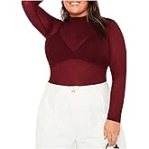 COZYEASE Women's Plus Size Sheer Mesh Tops Mock Neck Long Sleeve Tee Tops Trendy Slim Fit Clubwear