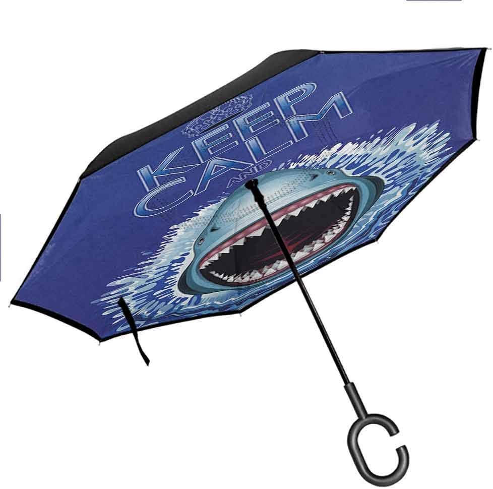 Anti-UV Folding Sea Animals,Keep Calm and Shark Jaws Attack Predators Hunter Dangerous Wild Aquatic Nature, Blue White Umbrella for Women