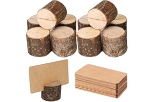 SENOVER 10Pcs Wood Place Card Holder Rustic Wood Table Numbers Holder with 20Pcs Kraft Table Place Cards Party Wedding Table Name Card Holder Memo Note Card