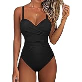 Hilor Women's Underwire One Piece Swimsuits Criss Cross Push Up Bathing Suit Retro Ruched Tummy Control Swimwear