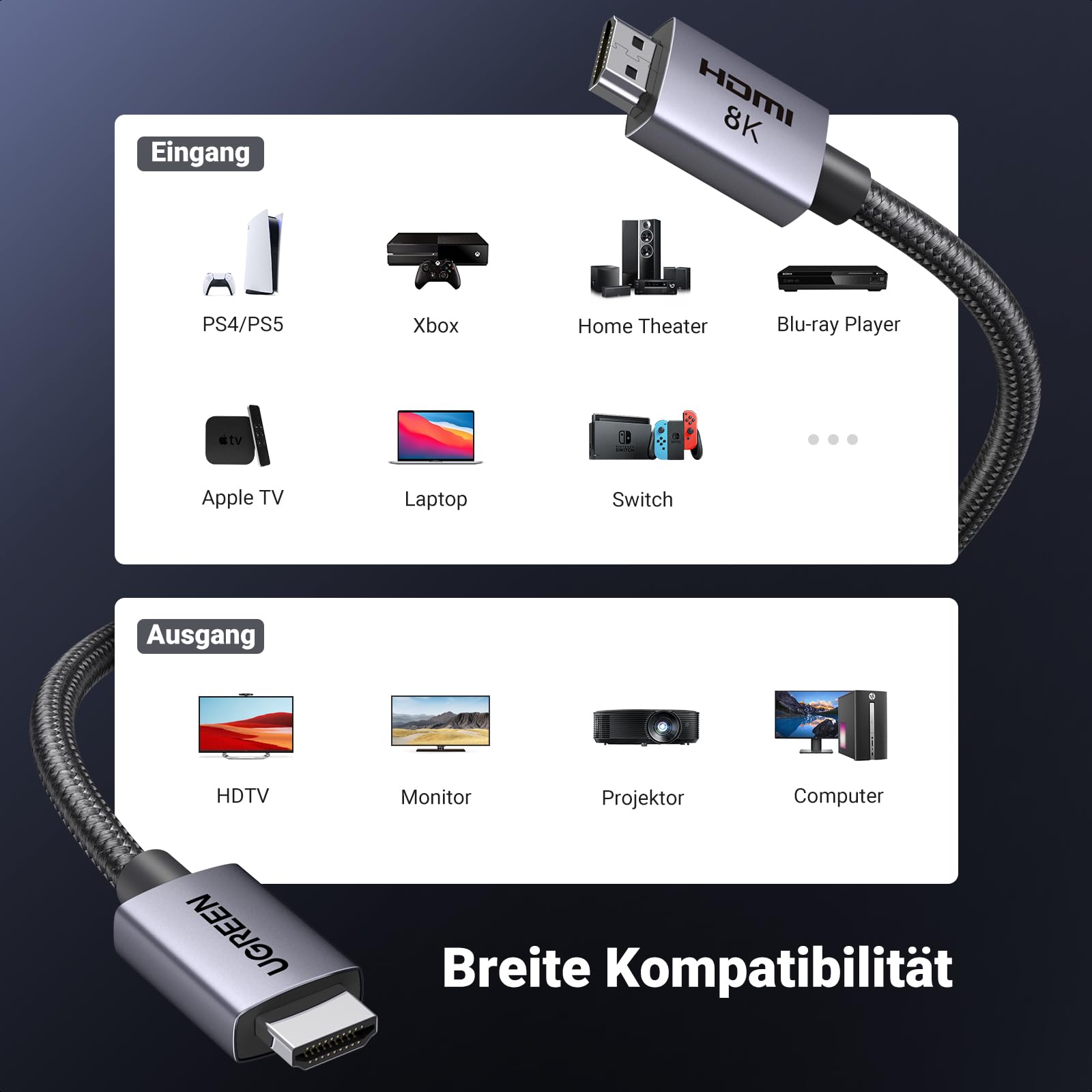 UGREEN HDMI 2.1 Kabel 10K 8K 60Hz 4K 240Hz 165Hz 144Hz 120Hz 48Gbit/s High Speed, HDMI Kabel 2.1 Ultra HD eARC HDR 10+ HDCP Dolby Vision VRR kompatibel mit Mac mini M4/PS5/ Xbox-Serie X/Laptop(3M) 7