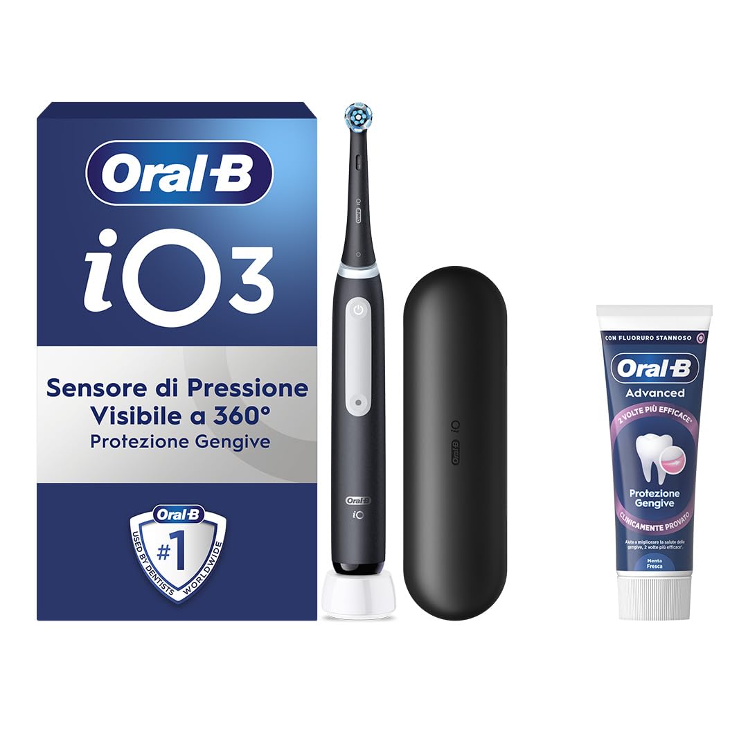 Oral-B Spazzolino Elettrico Ricaricabile iO 3 Nero, 1 Spazzolino Elettrico, 1 Testina Di Ricambio, Custodia Da Viaggio + Dentifricio Oral-B Advanced Protezione Gengive, Pulizia Denti Efficace