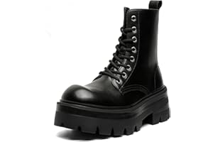 HDEBCK Men's Leather Platform Lace Up Combat Boots Fashion Side Zipper Chunky Heel Lug Sole Motorcycle Boots Anti-Slip High Top Biker Ankle Booties