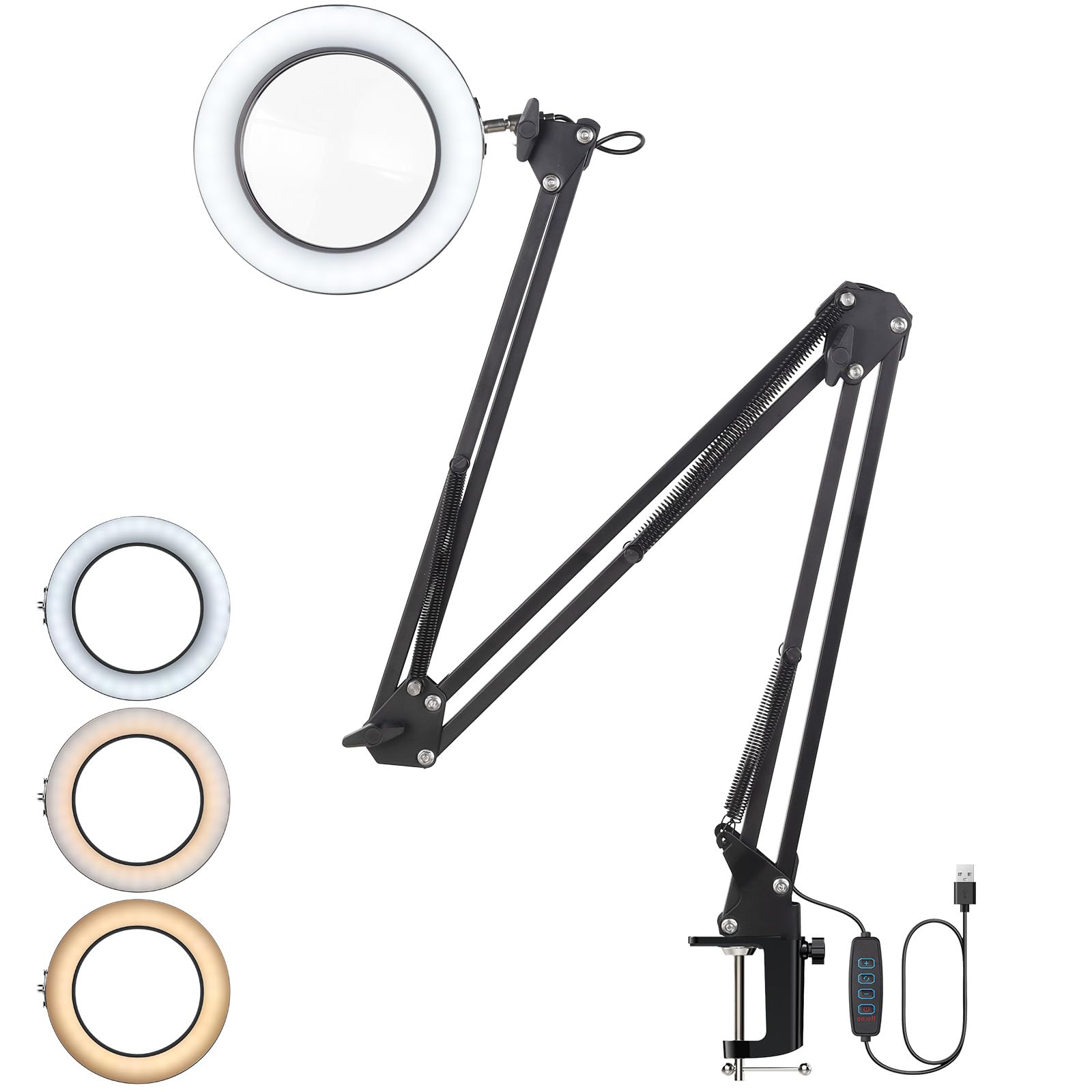 YGiTK Magnifying Glass with Light, 109cm Arm Length Magnifying Desk Lamp, 3 Color Modes & 10 Brightness Dimmable, Adjustable Swing Arm LED Lighted Magnifier with Clamp Real Glass Lens