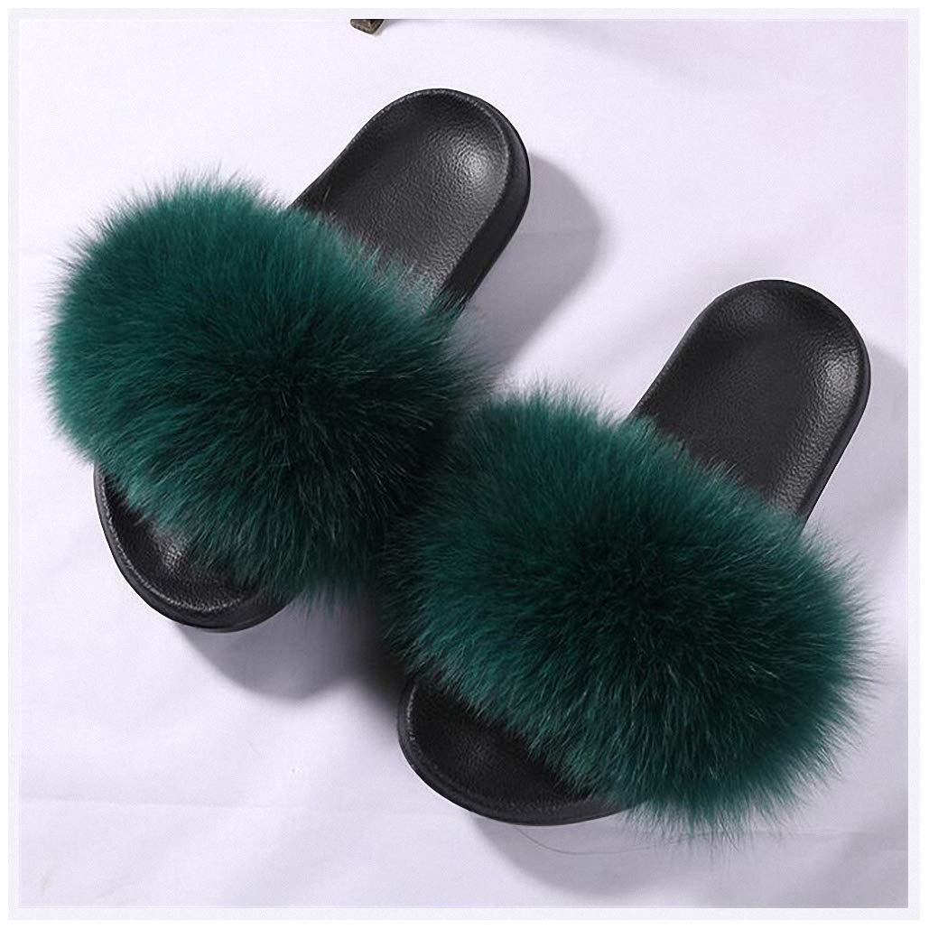 Tinpia Women Furry Slippers Fox Fur Slides Women Slip Home Fox Hair Slippers Fur Slippers