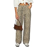 Women's Y2K Oversized Baggy Leopard Print Wide Straight Leg Jeans Stretchy High Waisted Cheetah Cargo Denim Pants