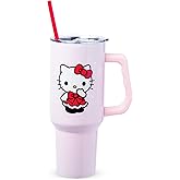 Silver Buffalo Sanrio Hello Kitty Christmas Holiday Dress and Matching Bow Snowflakes Double Walled Stainless Steel Tumbler with Handle and Straw, Fits in Standard Cup Holder, 40 Ounces