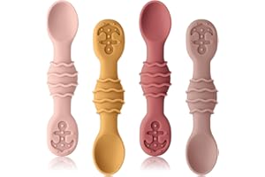 Qkie Silicone Baby Spoons, Baby Utensils for Infants Toddlers Self Feeding, Chew, First Stage Baby Led Weaning(BLW), Baby Feeding Essentials, Set of 4 Pack