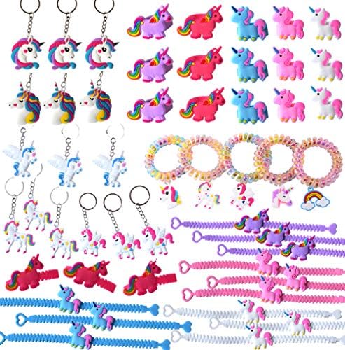 50 Pcs Unicorn Party Favors Supplies Wristbands Keychains Bracelets Rings Goody Bags Filler Set Photo Props Unicorn Birthday Theme Party Halloween Cosplay Christmas Gift