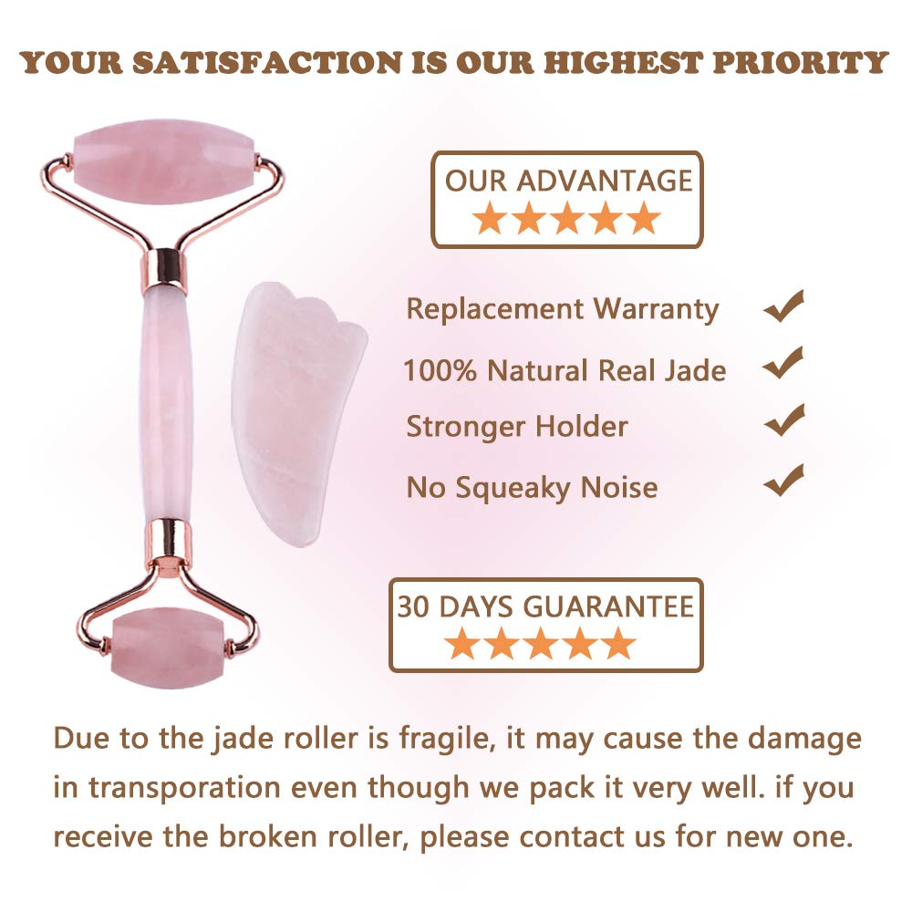 Jade Roller, Rose Quartz Roller and Gua Sha Tool, 100% Natural Jade Facial Roller Anti Aging Face Roller Massager