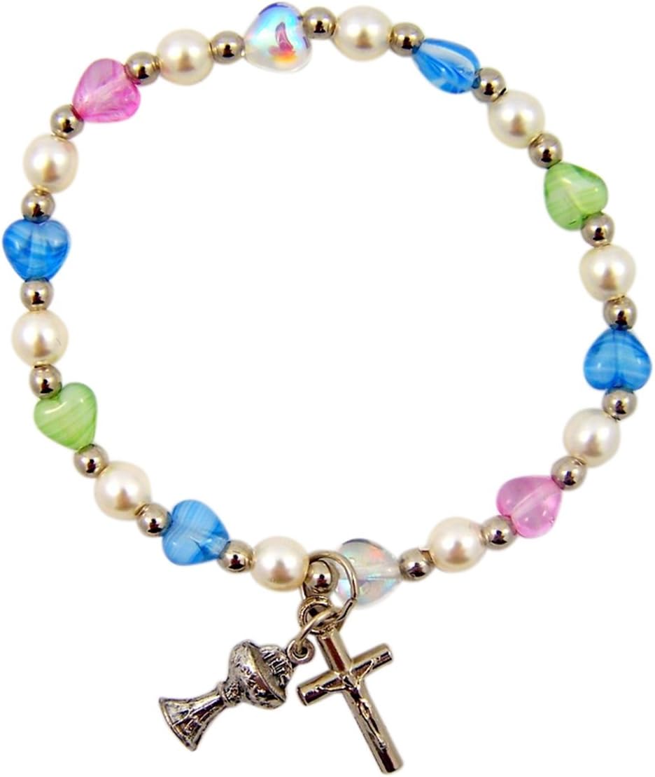 Silver Tone First Communion Chalice Charm Bracelet with Multi-Color Heart Beads, 6 Inch