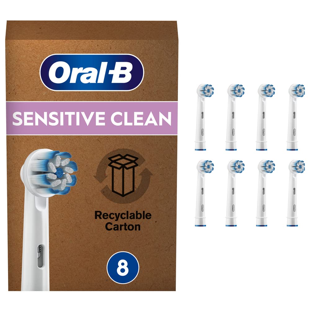 Oral-B Sensitive Clean Electric Toothbrush Head with Clean & Care Technology, Extra Soft Bristles for Gentle Plaque Removal, Pack of 8, Suitable for Mailbox, White