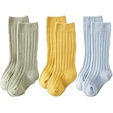 ILUFAM 3 Pairs Baby Boys Girls Knee High Socks Ribbed Long Stockings Infant Toddler Cotton Socks