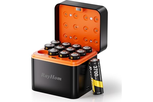 12 Pack Rechargeable AA Lithium Batteries with Charger for Blink Camera | 3700mWh High Capacity Double A Batteries,1.5V Constant Output, Cycle Times Up to 1600, with 12 Slot aa Li-Ion Battery Charger
