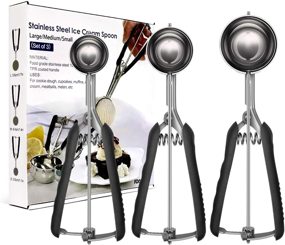 Tarnel 3 Stück Eisportionierer Set 304 Edelstahl für Eiscreme Melone Fleischbällchen Kuchen Teig Plätzchen Keksteig Reis 3 Größen Eisportionierer