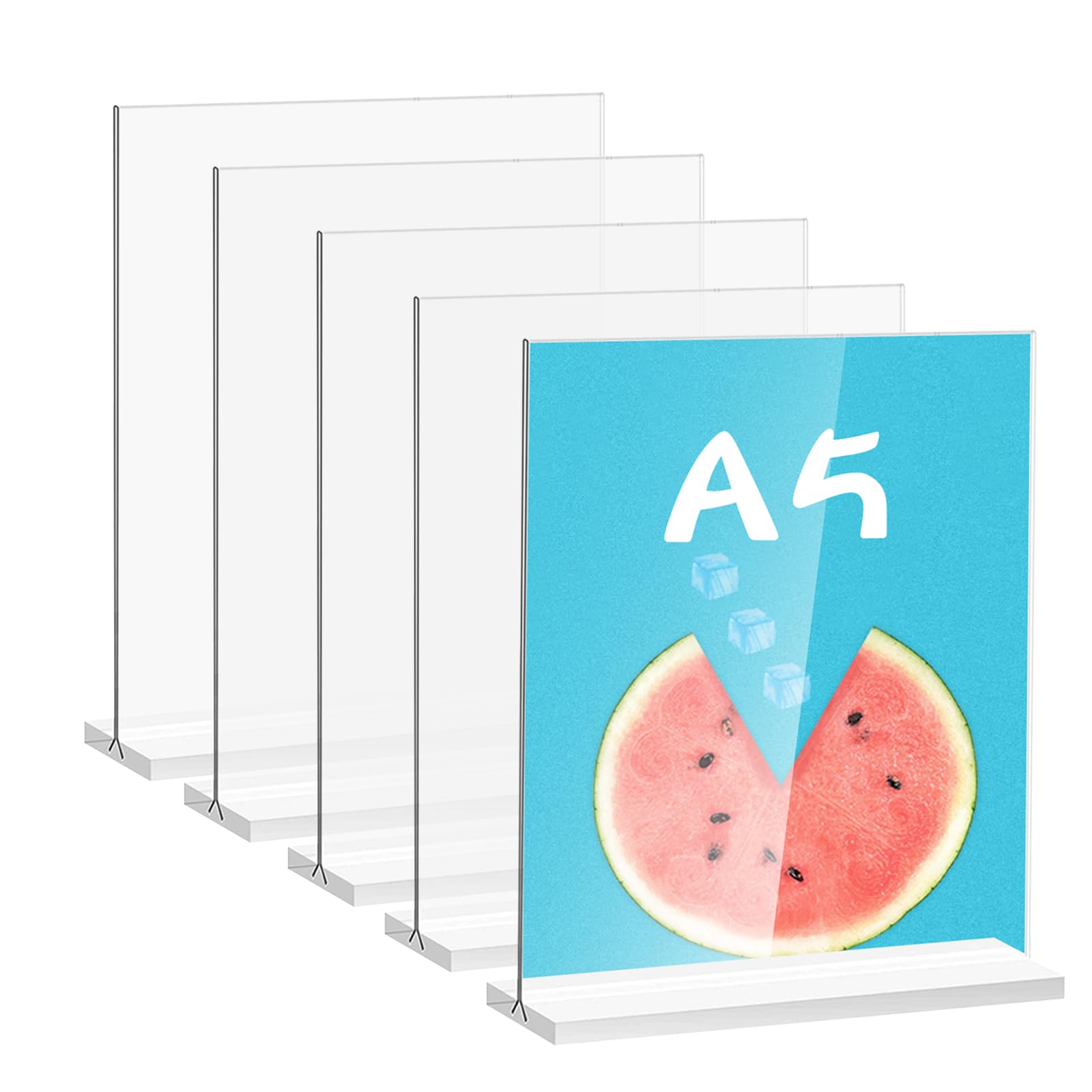 Doafoce 5 Pack Perspex Display Stands A5 Acrylic Sign Holders Plastic Display Stands Table Menu Holders A5 for Counter Restaurant Hotel Office (T-Shape, Double-Side)